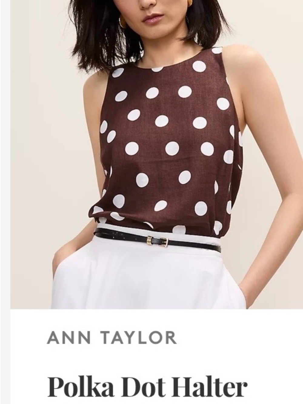 Ann Taylor Brown and White Polka Dot Linen Halter Camisole